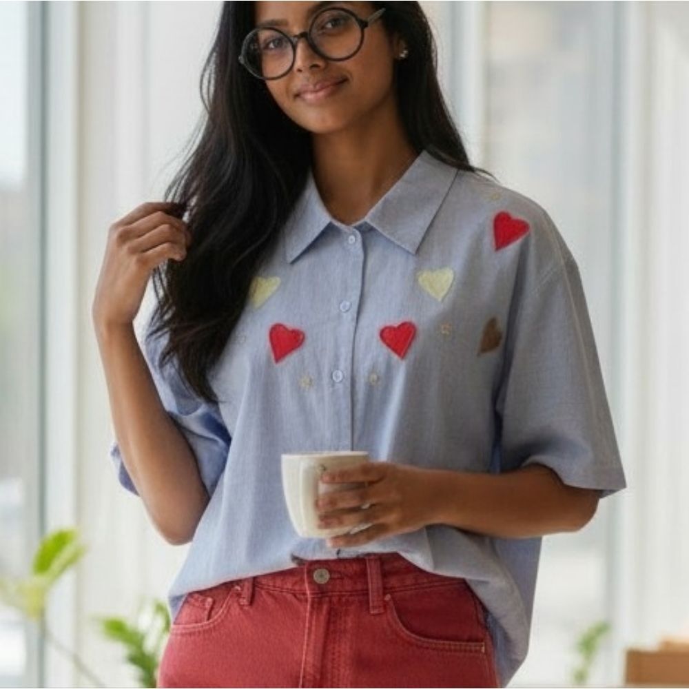 Vintage ♥️ Hearts Patches & Embroidery Button Down Chambray Shirt